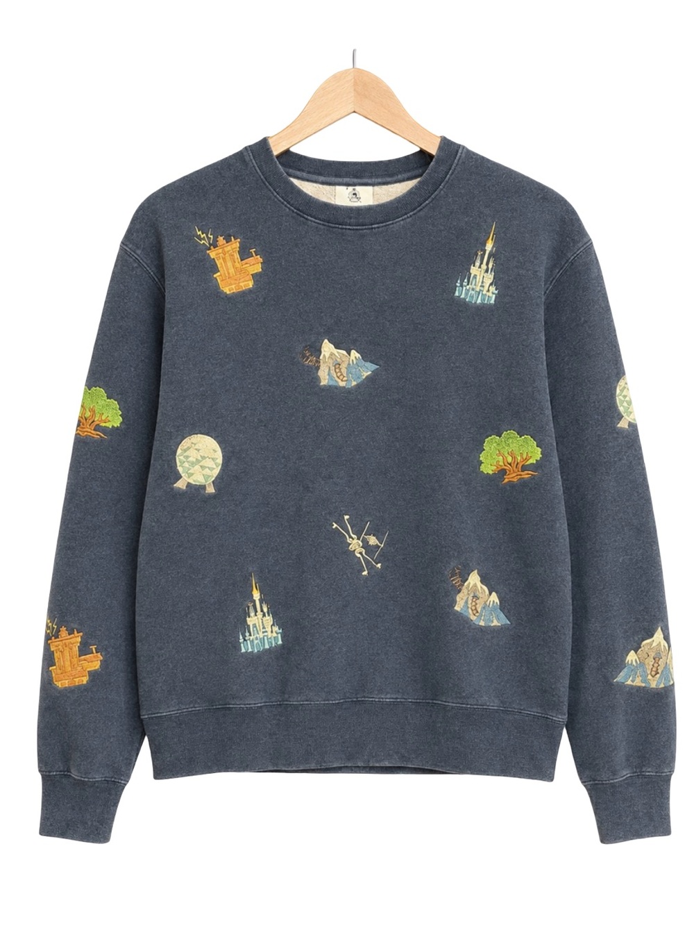 Disney Parks Embroidered Ride Icons Crewneck Sweatshirt Blue Fleece unisex men M